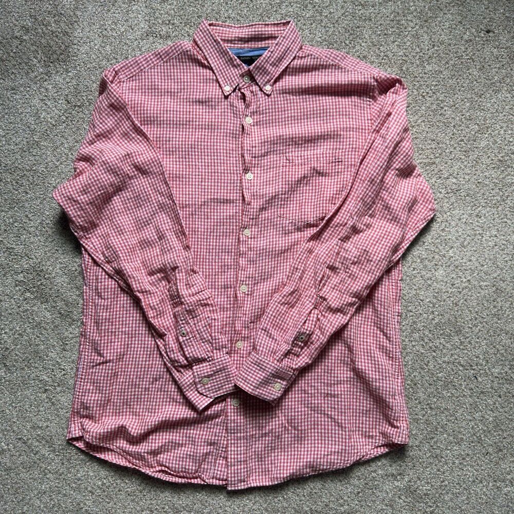 Banana Republic red check long sleeve button up shirt slim fit Linen Blend SZ. L